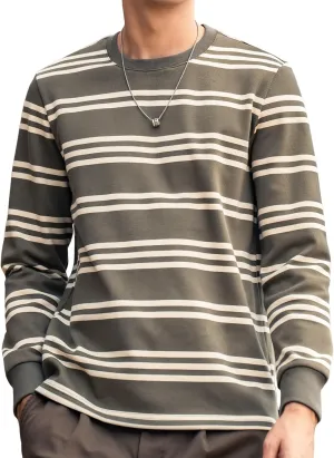 Men's Striped Long Sleeved T-Shirt, Casual Round Neck Long Sleeved Top, Regular-Fit Daily Striped T-Shirt Basic Style