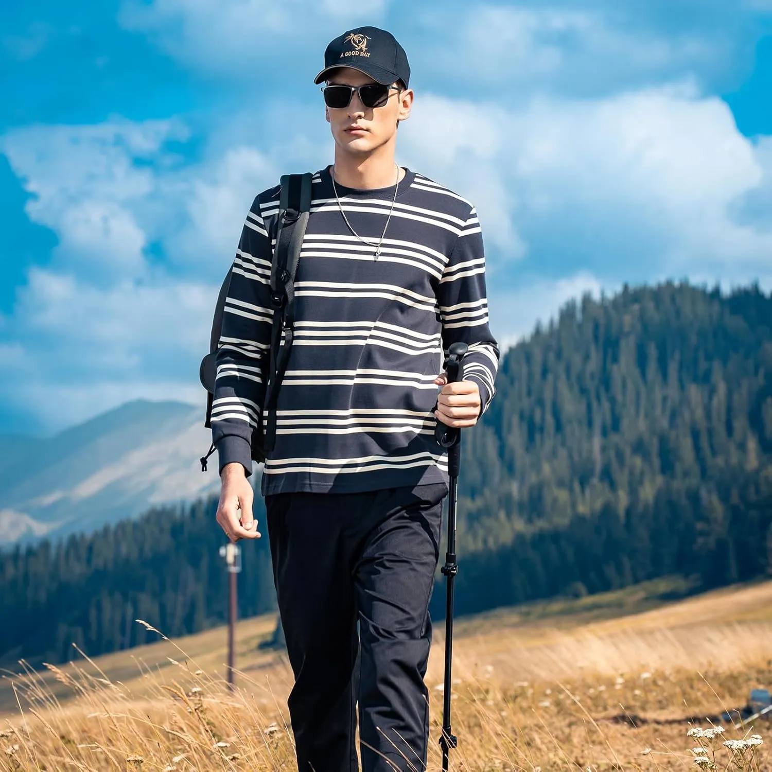 Men's Striped Long Sleeved T-Shirt, Casual Round Neck Long Sleeved Top, Regular-Fit Daily Striped T-Shirt Basic Style