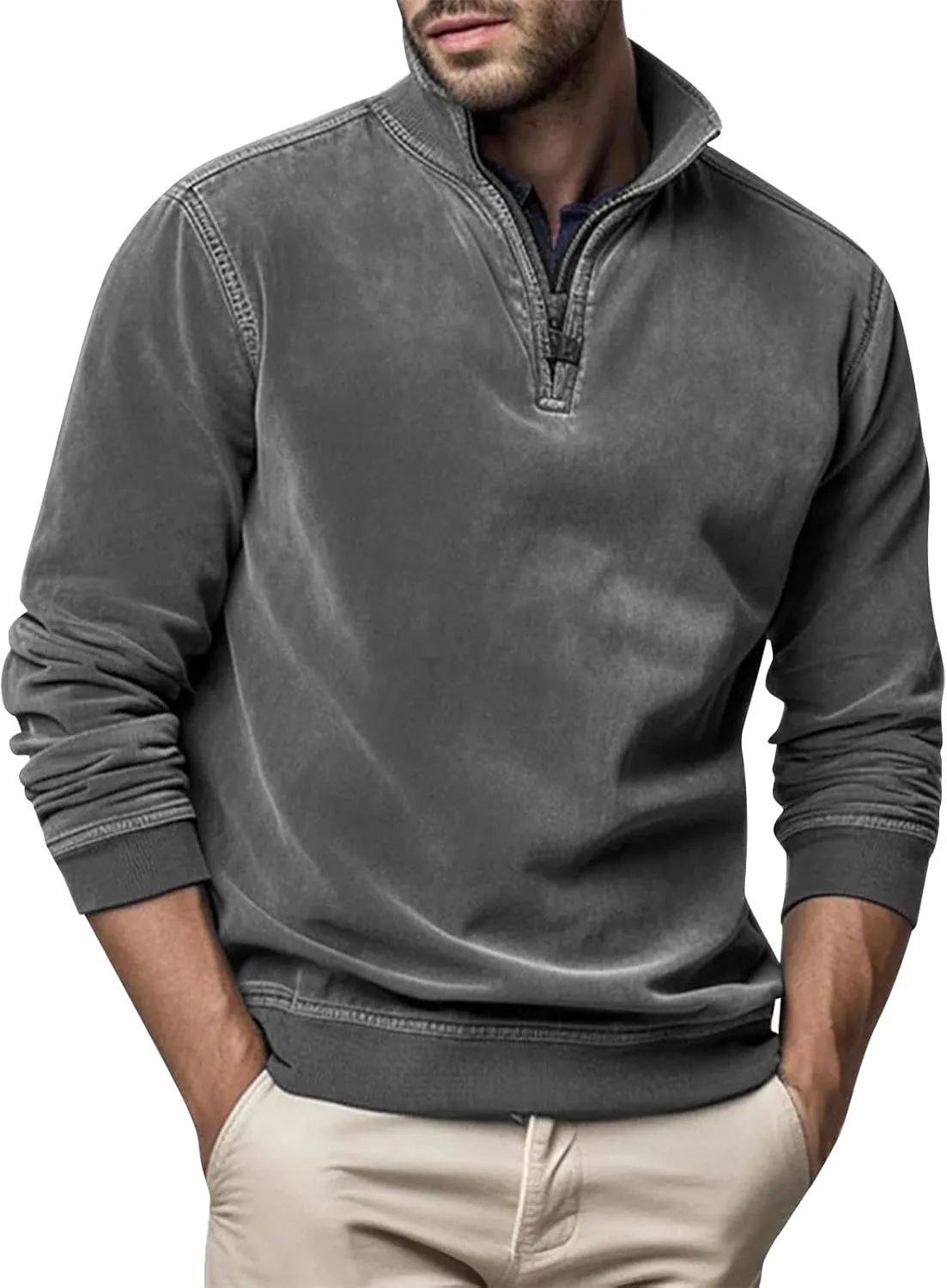 Men's Thermal Fleece Quarter-Zip Pullover, Winter Outdoor Warm Sweater Lightweight Running Sweatshirt