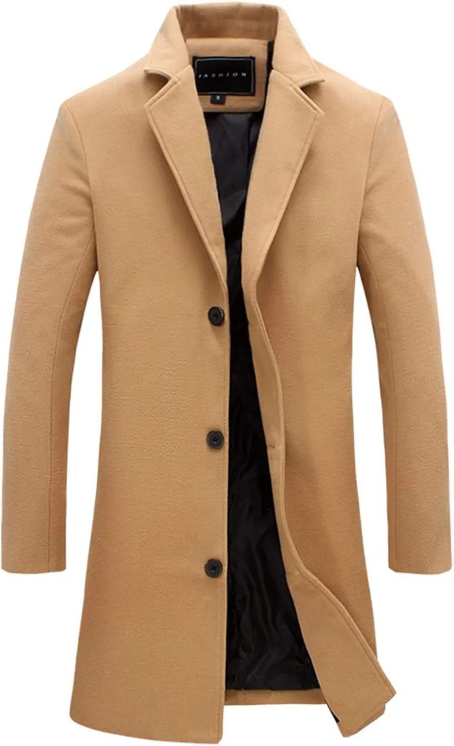 Mens Wool Blend Trench Coat Slim Fit Notched Collar Long Jacket Winter Overcoat Single Breasted Pea Coat wih Pockets