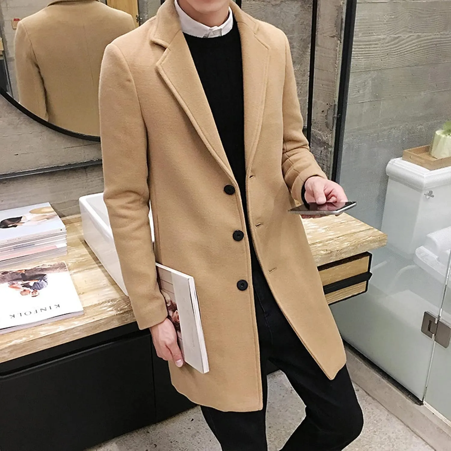 Mens Wool Blend Trench Coat Slim Fit Notched Collar Long Jacket Winter Overcoat Single Breasted Pea Coat wih Pockets