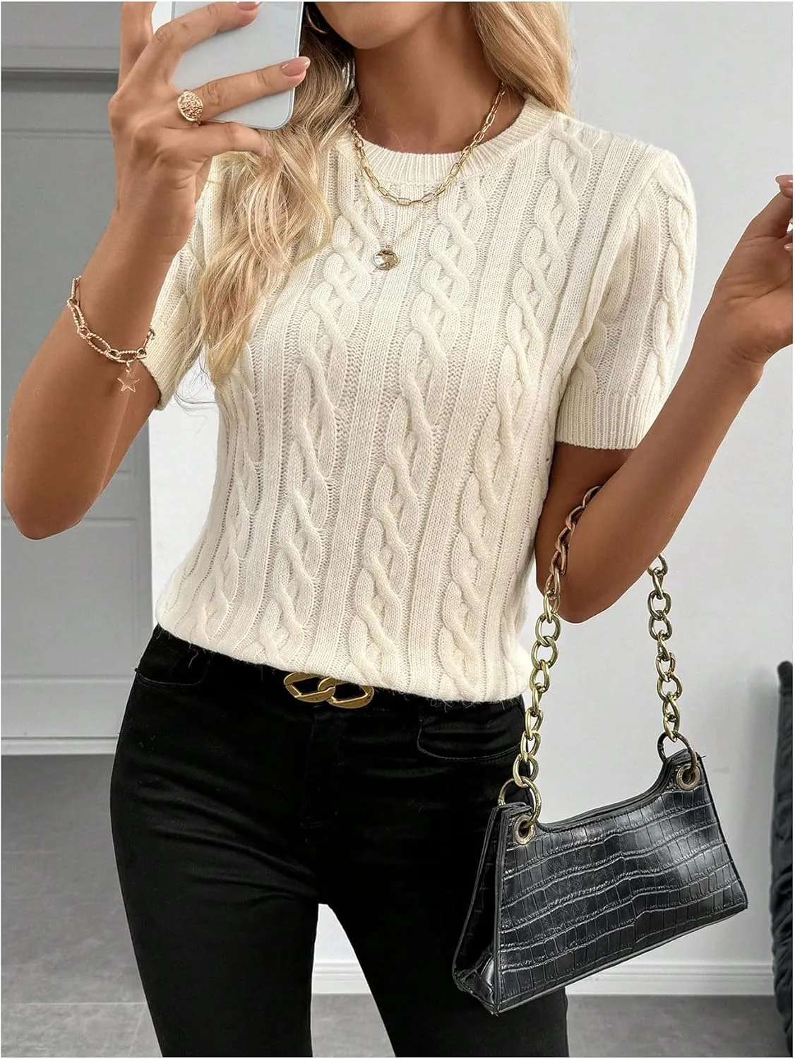 Milumia Women's Puff Short Sleeve Cable Knit Sweater Crew Neck Knit Tops