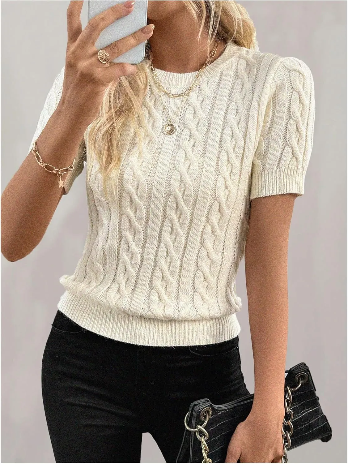 Milumia Women's Puff Short Sleeve Cable Knit Sweater Crew Neck Knit Tops