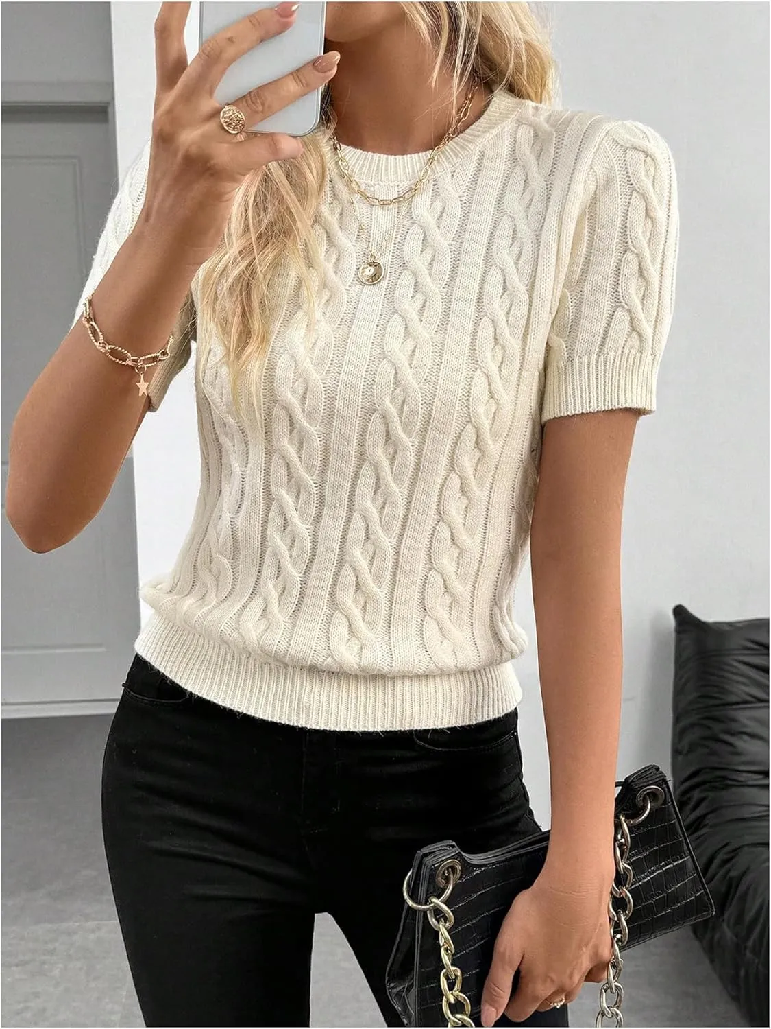 Milumia Women's Puff Short Sleeve Cable Knit Sweater Crew Neck Knit Tops