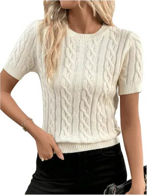 Milumia Women's Puff Short Sleeve Cable Knit Sweater Crew Neck Knit Tops