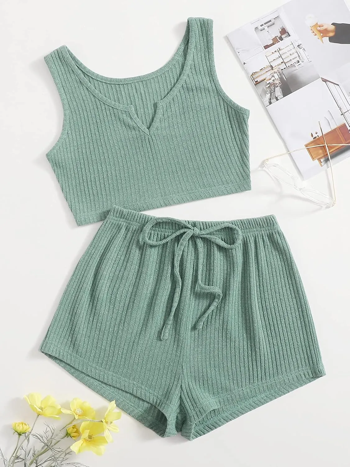 Milumia Women's Two Piece Pajama Set Button Knit Crop Top and Shorts Loungewear