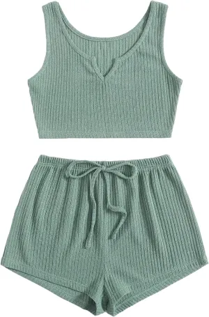 Milumia Women's Two Piece Pajama Set Button Knit Crop Top and Shorts Loungewear