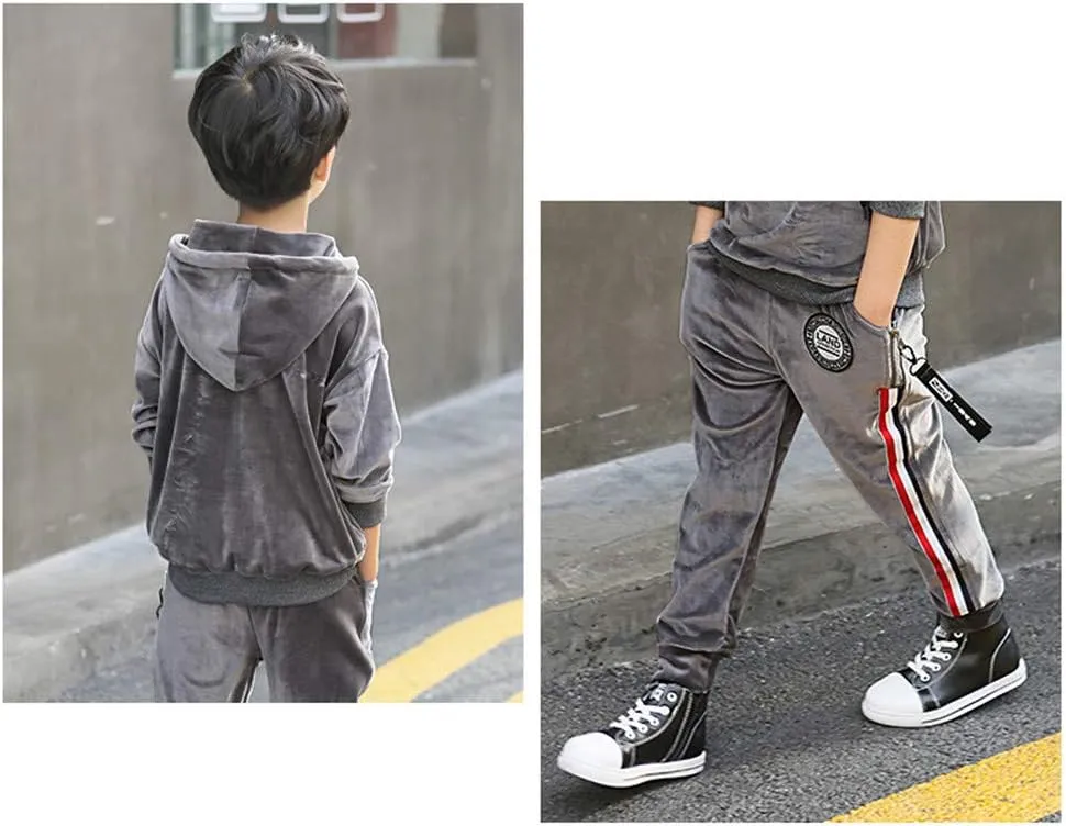 Monvecle Little to Big Boys' Velour & Fleece Hoodie Tracksuit Sweatshirt Top   Sweatpant Velvet Fleece Jogger 2pcs Set