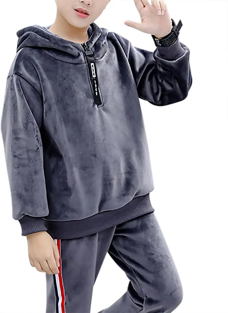 Monvecle Little to Big Boys' Velour & Fleece Hoodie Tracksuit Sweatshirt Top   Sweatpant Velvet Fleece Jogger 2pcs Set