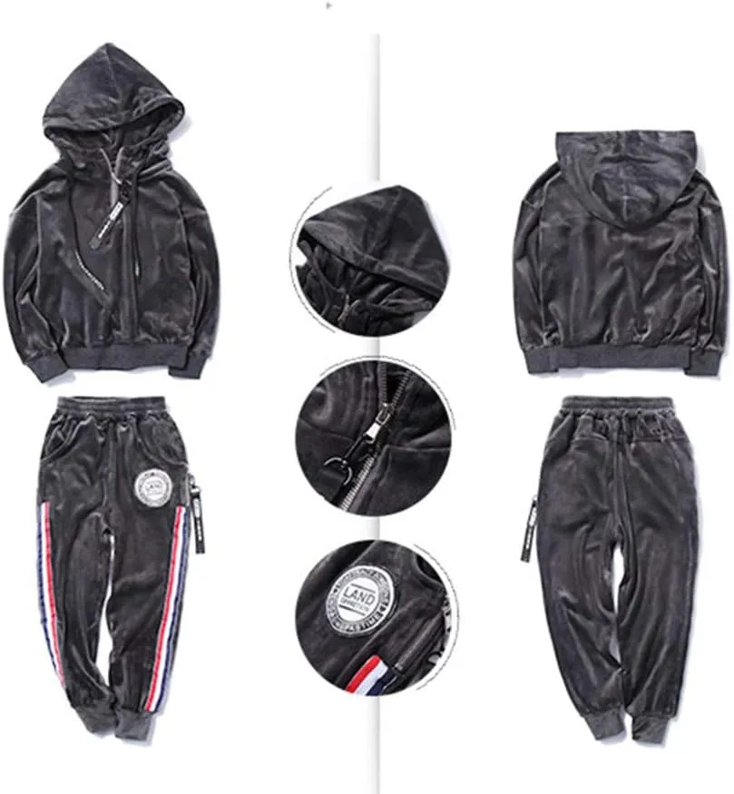 Monvecle Little to Big Boys' Velour & Fleece Hoodie Tracksuit Sweatshirt Top   Sweatpant Velvet Fleece Jogger 2pcs Set