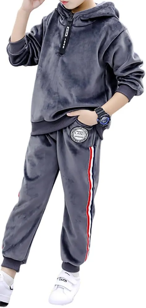 Monvecle Little to Big Boys' Velour & Fleece Hoodie Tracksuit Sweatshirt Top   Sweatpant Velvet Fleece Jogger 2pcs Set