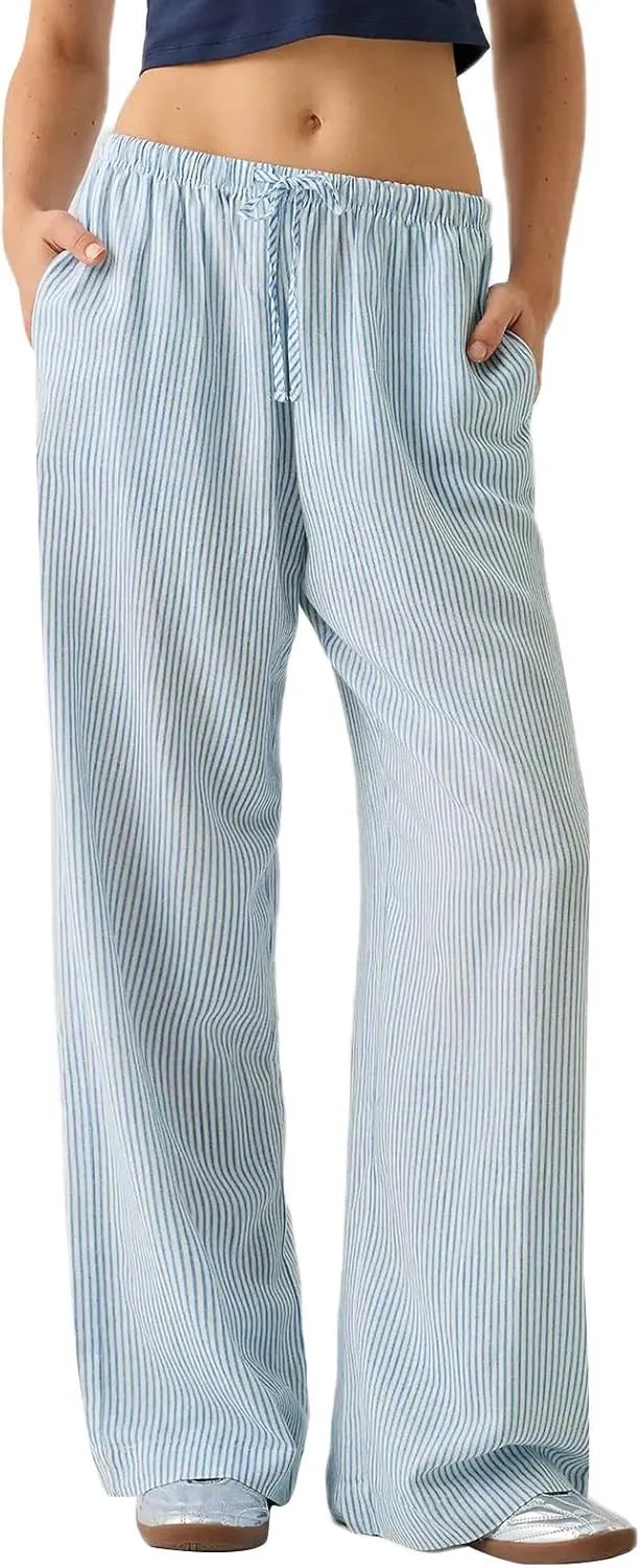 Multitrust Women Y2K Striped Lounge Pants Casual Loose Straight Wide Leg Linen Pajamas Pants Bottom Trousers with Pockets
