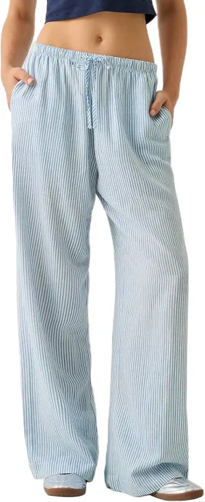 Multitrust Women Y2K Striped Lounge Pants Casual Loose Straight Wide Leg Linen Pajamas Pants Bottom Trousers with Pockets