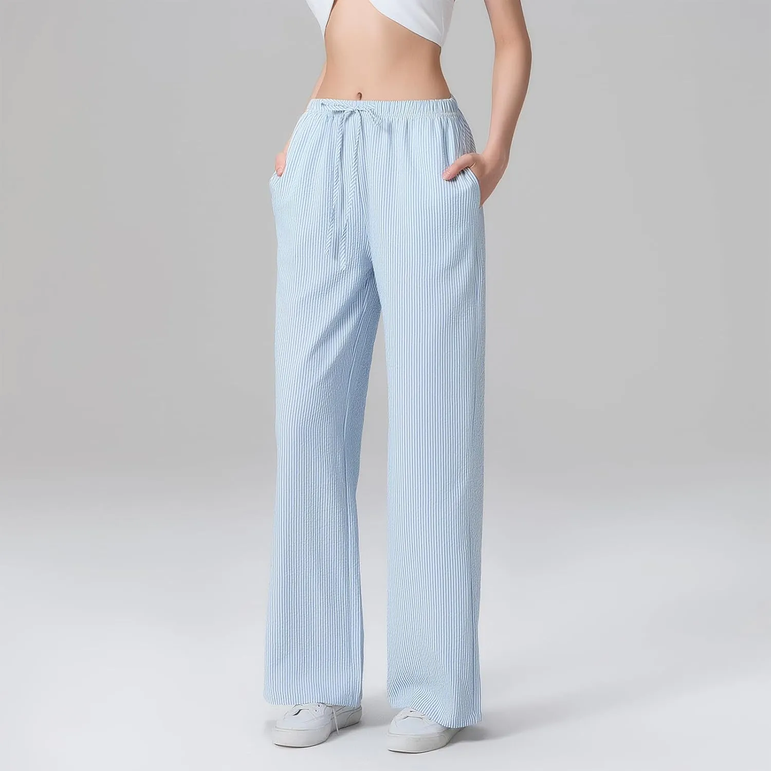 Multitrust Women Y2K Striped Lounge Pants Casual Loose Straight Wide Leg Linen Pajamas Pants Bottom Trousers with Pockets