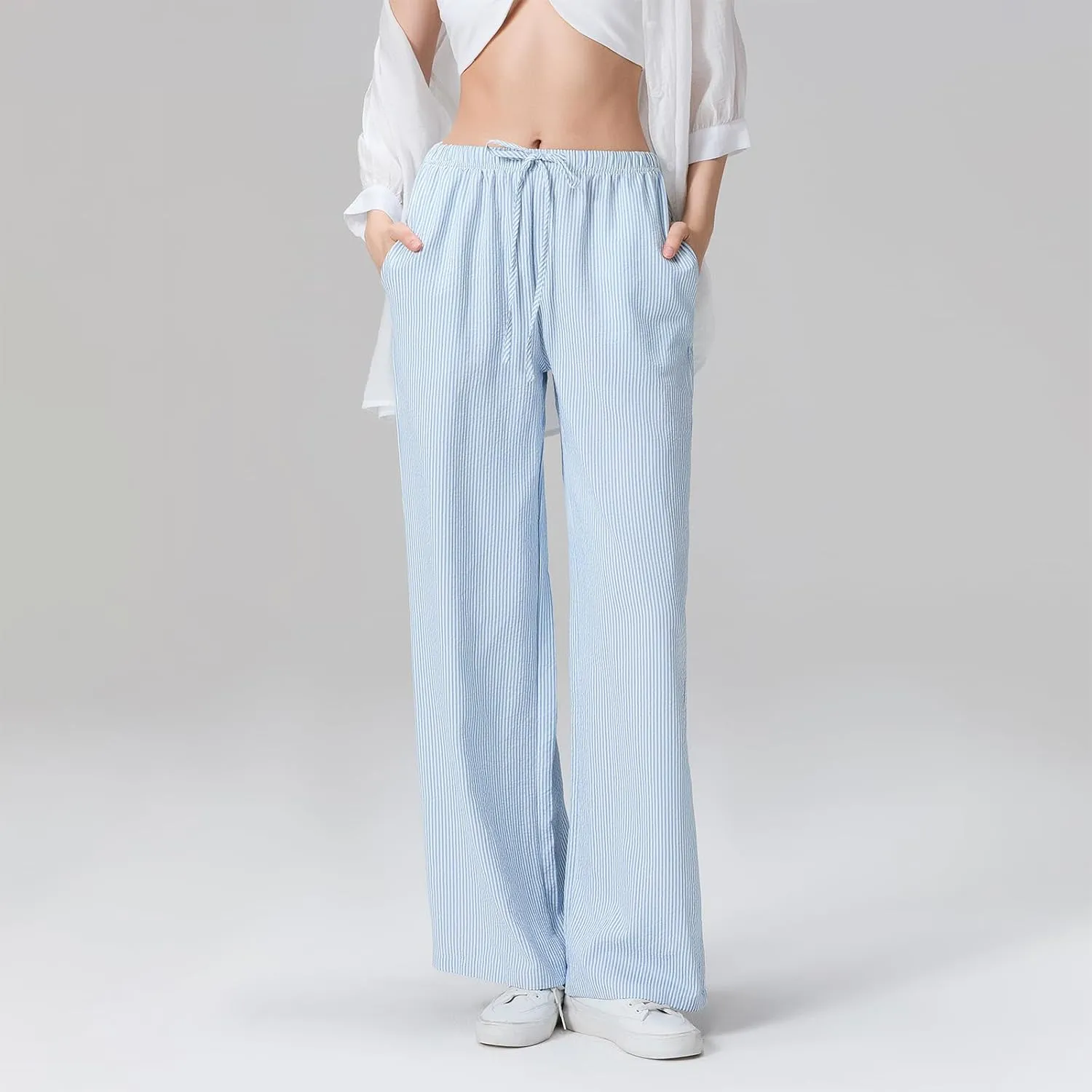 Multitrust Women Y2K Striped Lounge Pants Casual Loose Straight Wide Leg Linen Pajamas Pants Bottom Trousers with Pockets