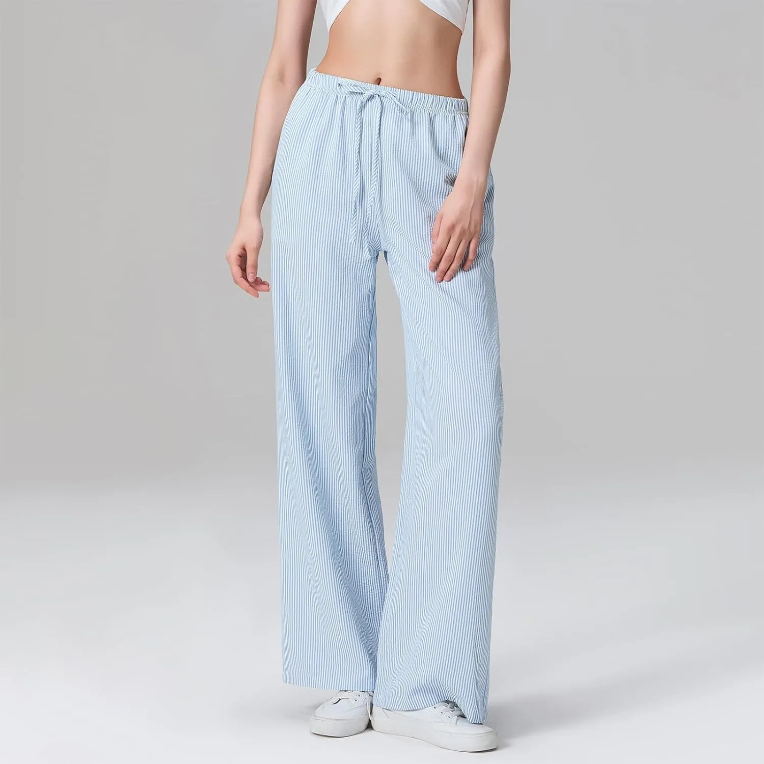 Multitrust Women Y2K Striped Lounge Pants Casual Loose Straight Wide Leg Linen Pajamas Pants Bottom Trousers with Pockets