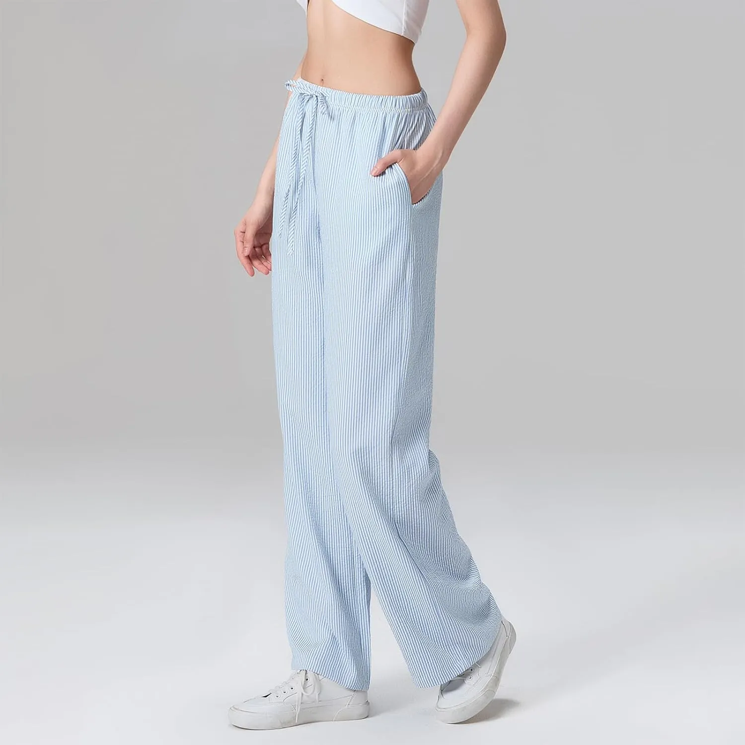 Multitrust Women Y2K Striped Lounge Pants Casual Loose Straight Wide Leg Linen Pajamas Pants Bottom Trousers with Pockets