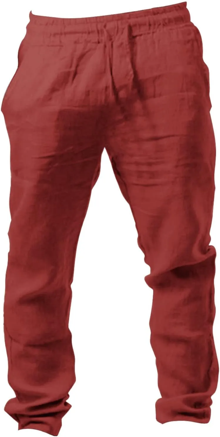Muyise Men's Casual Summer Long Pants Cotton Linen Elastic Waist Straight Leg Palazzo Baggy Lounge Trousers with Pockets