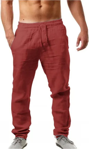 Muyise Men's Casual Summer Long Pants Cotton Linen Elastic Waist Straight Leg Palazzo Baggy Lounge Trousers with Pockets