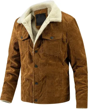 NATHGAM Vintage Fleece Sherpa Lined Jacket for Men Corduroy Denim Trucker Jackets Lapel Button Up Thickened Warm Winter Coats