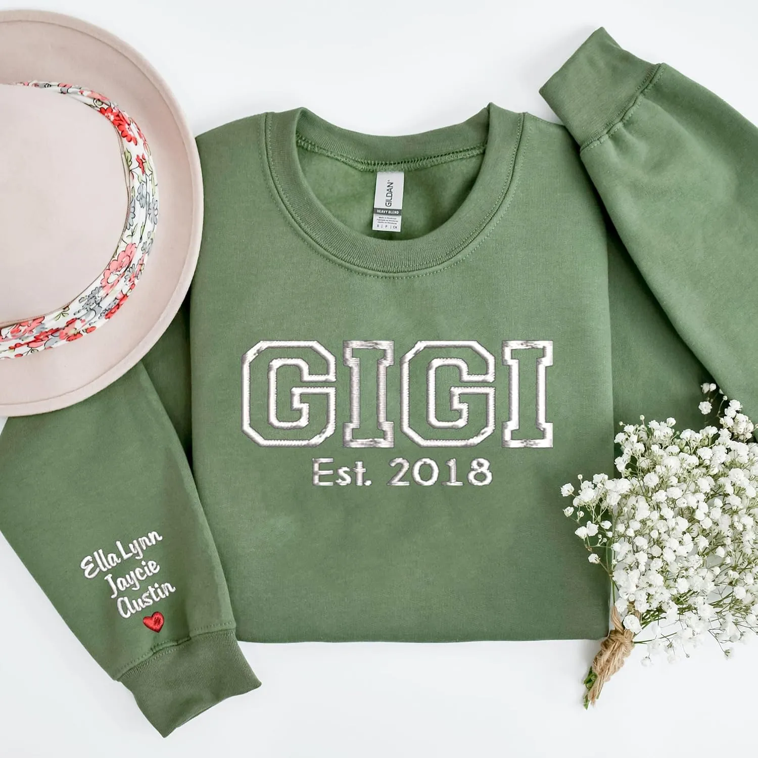 NAZENTI Custom Embroidered Sweatshirt for Grandma, Personalized Mom Embroidered Sweatshirt, Grandma EST Crewneck