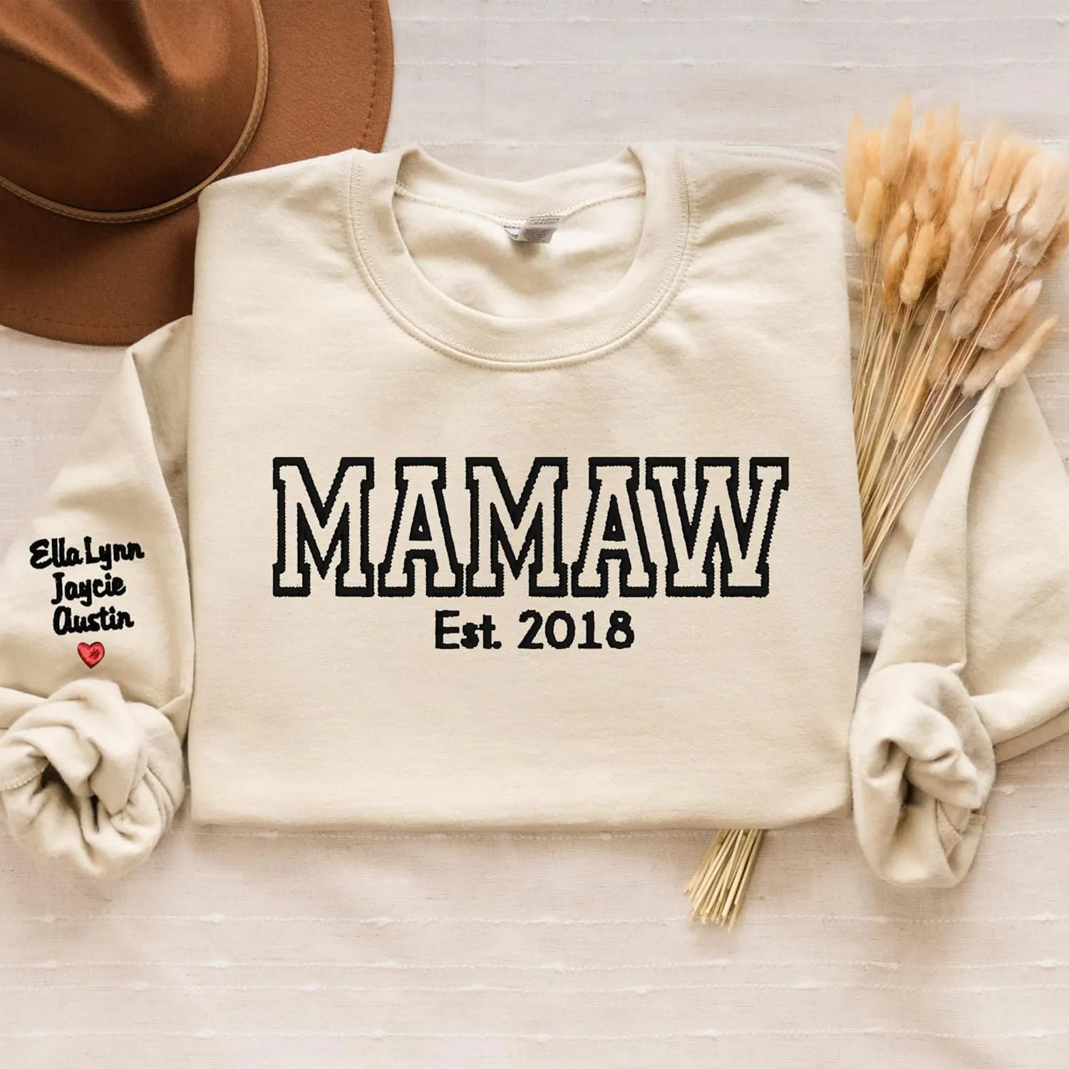 NAZENTI Custom Embroidered Sweatshirt for Grandma, Personalized Mom Embroidered Sweatshirt, Grandma EST Crewneck