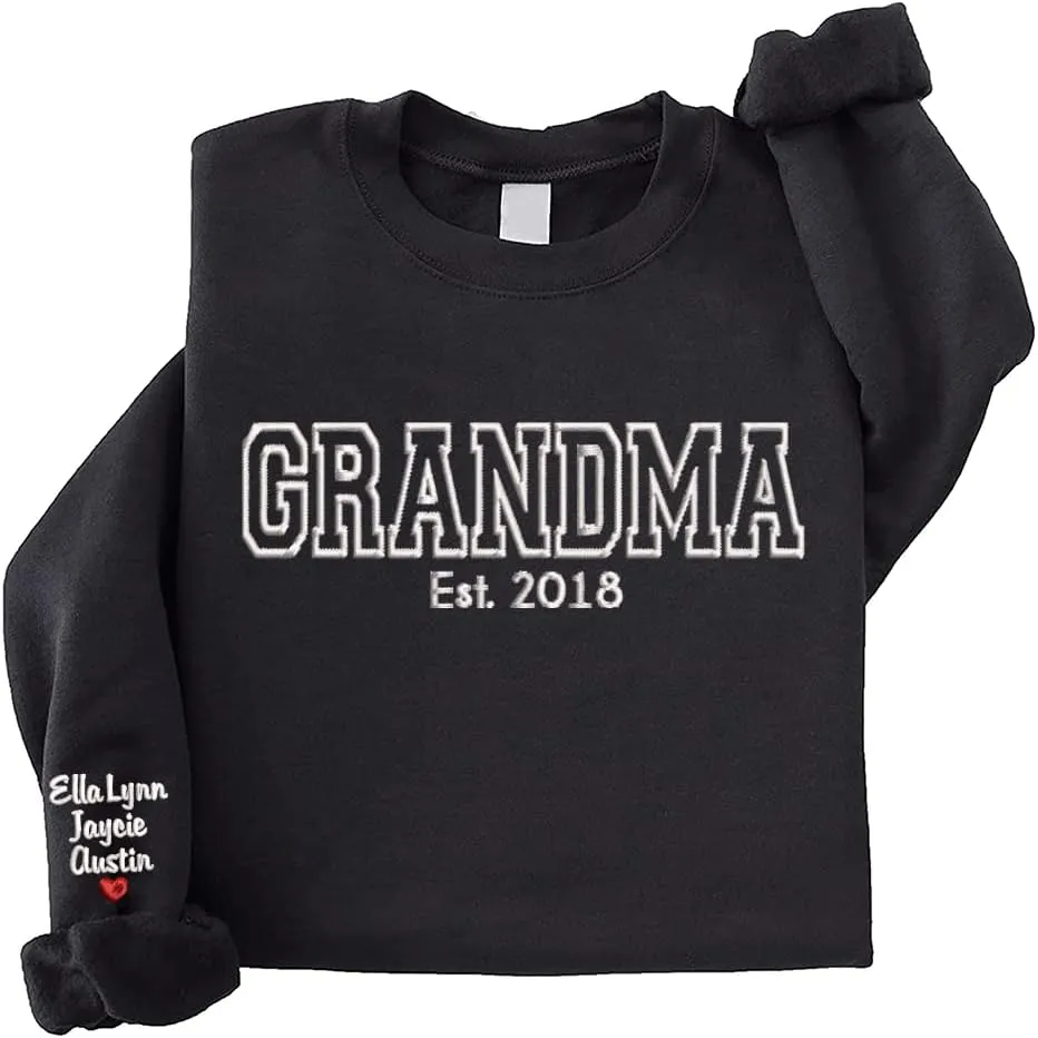 NAZENTI Custom Embroidered Sweatshirt for Grandma, Personalized Mom Embroidered Sweatshirt, Grandma EST Crewneck