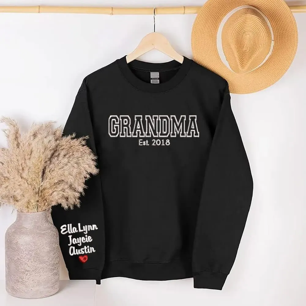 NAZENTI Custom Embroidered Sweatshirt for Grandma, Personalized Mom Embroidered Sweatshirt, Grandma EST Crewneck
