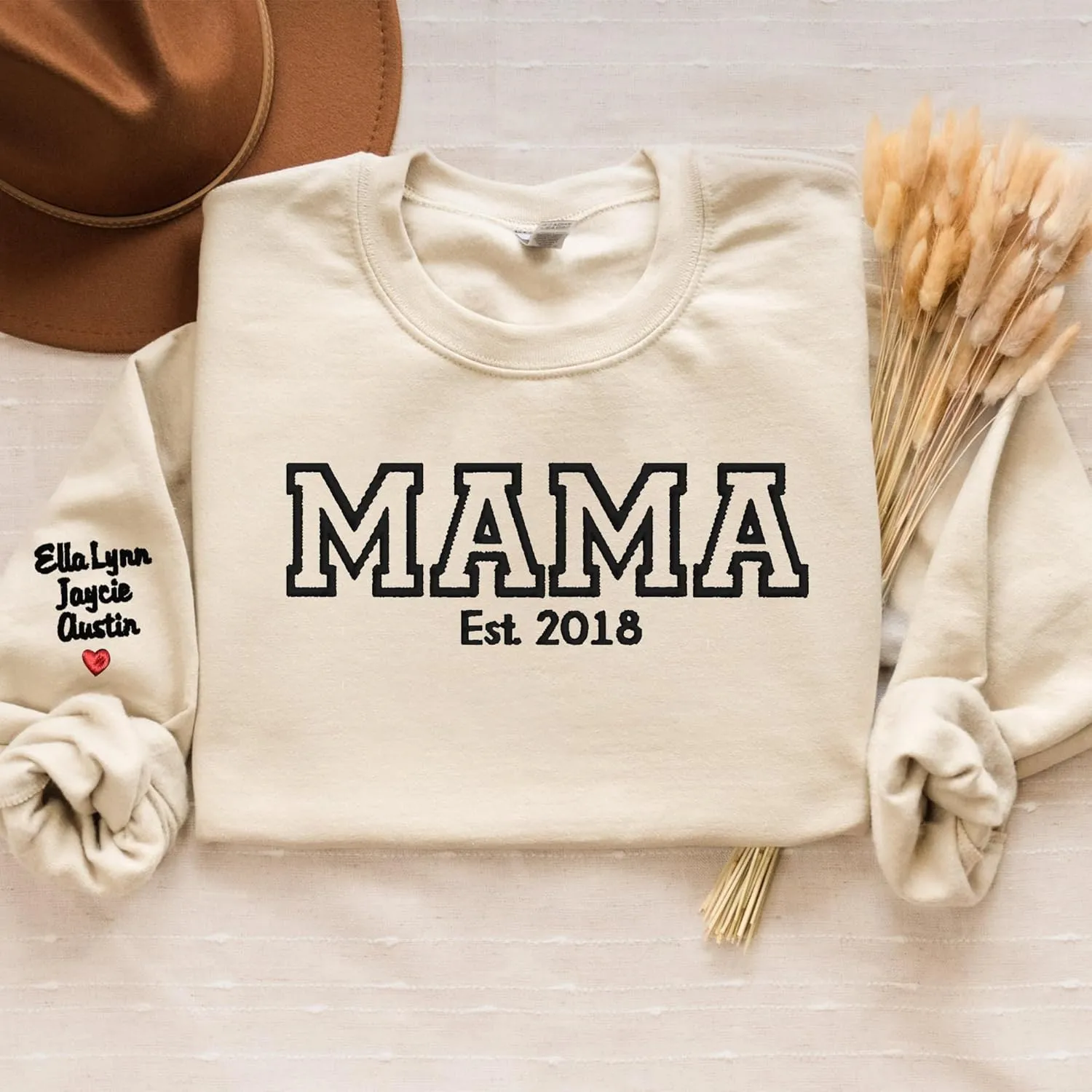 NAZENTI Custom Embroidered Sweatshirt for Grandma, Personalized Mom Embroidered Sweatshirt, Grandma EST Crewneck