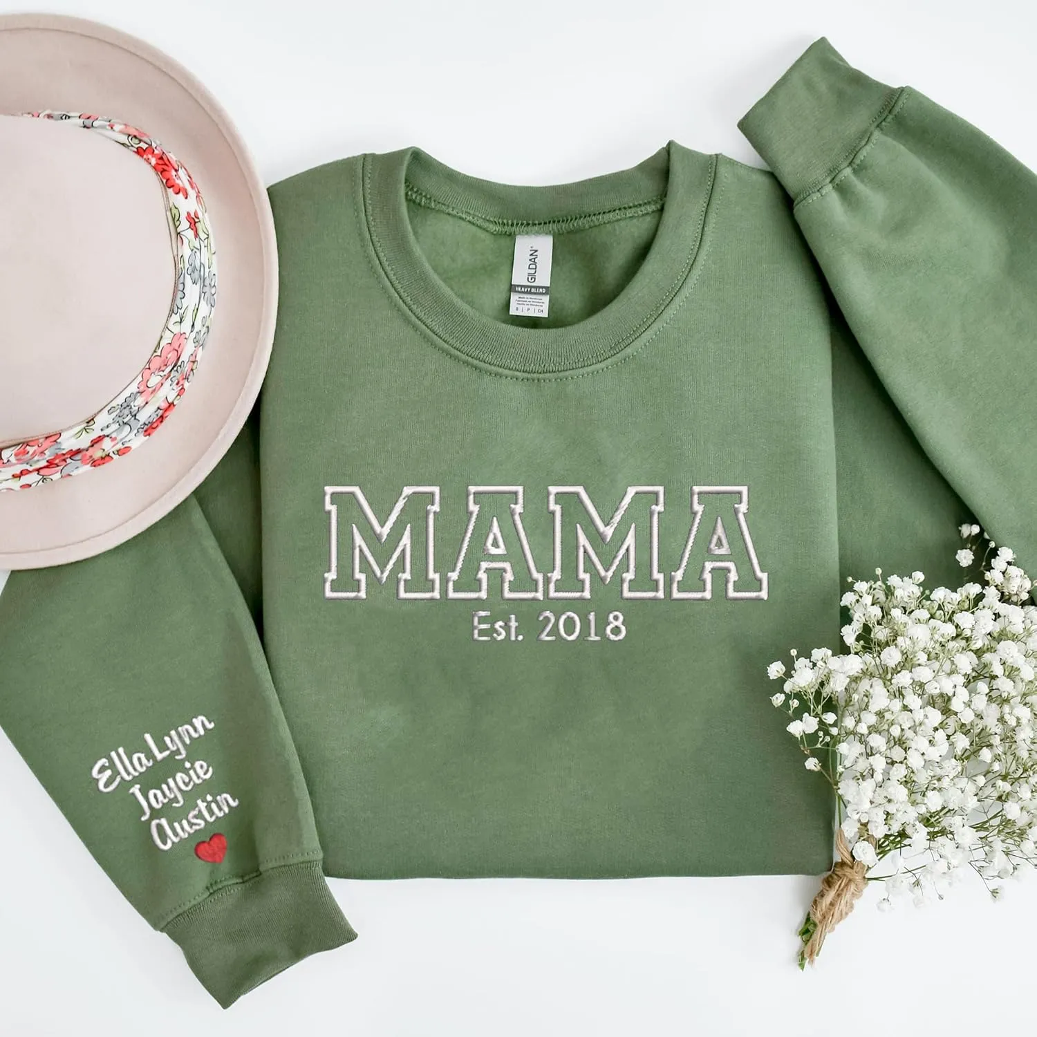 NAZENTI Custom Embroidered Sweatshirt for Grandma, Personalized Mom Embroidered Sweatshirt, Grandma EST Crewneck