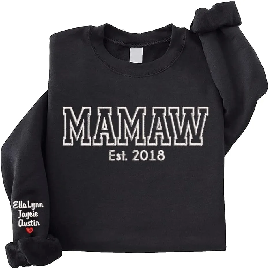 NAZENTI Custom Embroidered Sweatshirt for Grandma, Personalized Mom Embroidered Sweatshirt, Grandma EST Crewneck