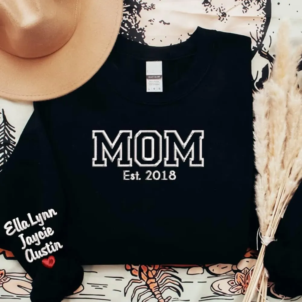NAZENTI Custom Embroidered Sweatshirt for Grandma, Personalized Mom Embroidered Sweatshirt, Grandma EST Crewneck
