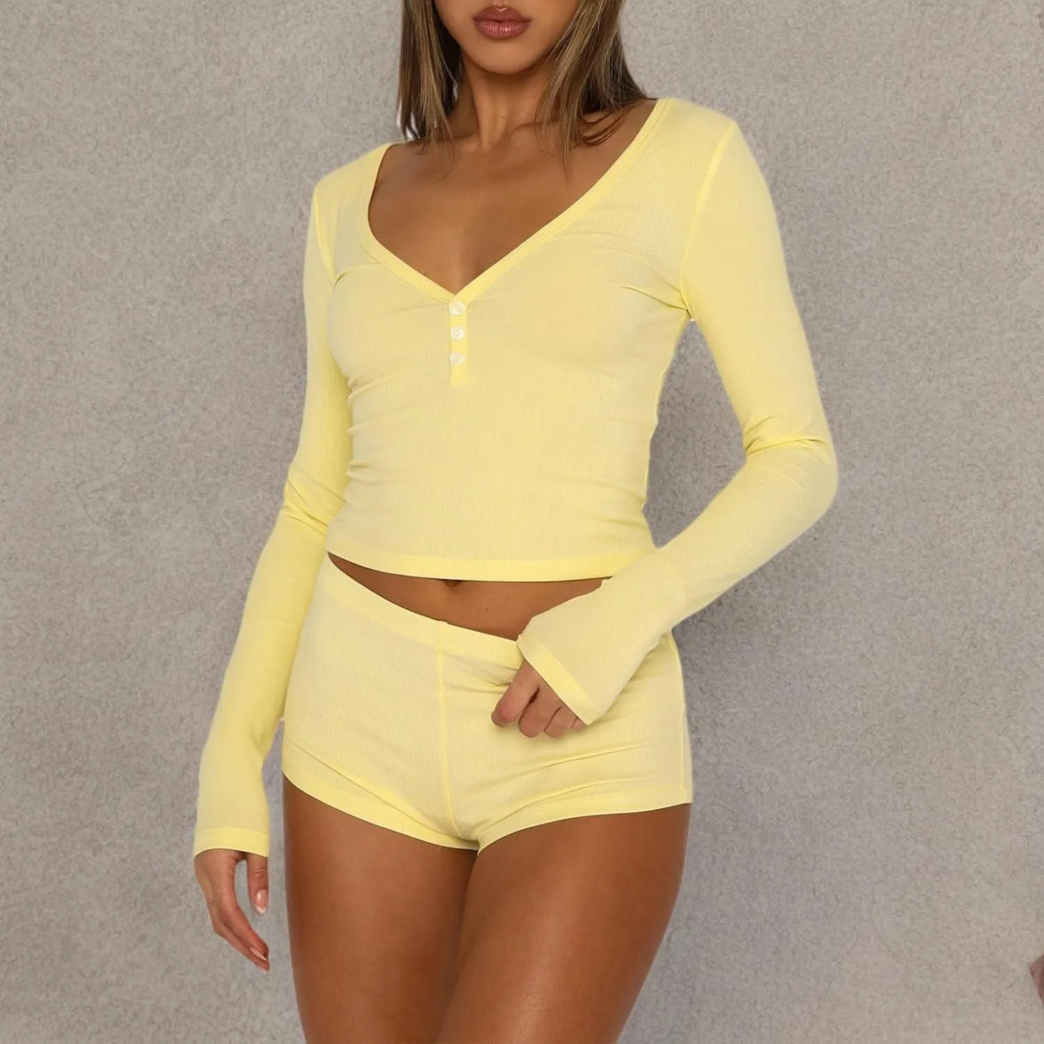 NUFIWI Women Knitted 2 Piece Outfits Pajamas Long Sleeve Slim Fit Shirt Top High Waist Shorts Y2k Lounge Sleepwear Set