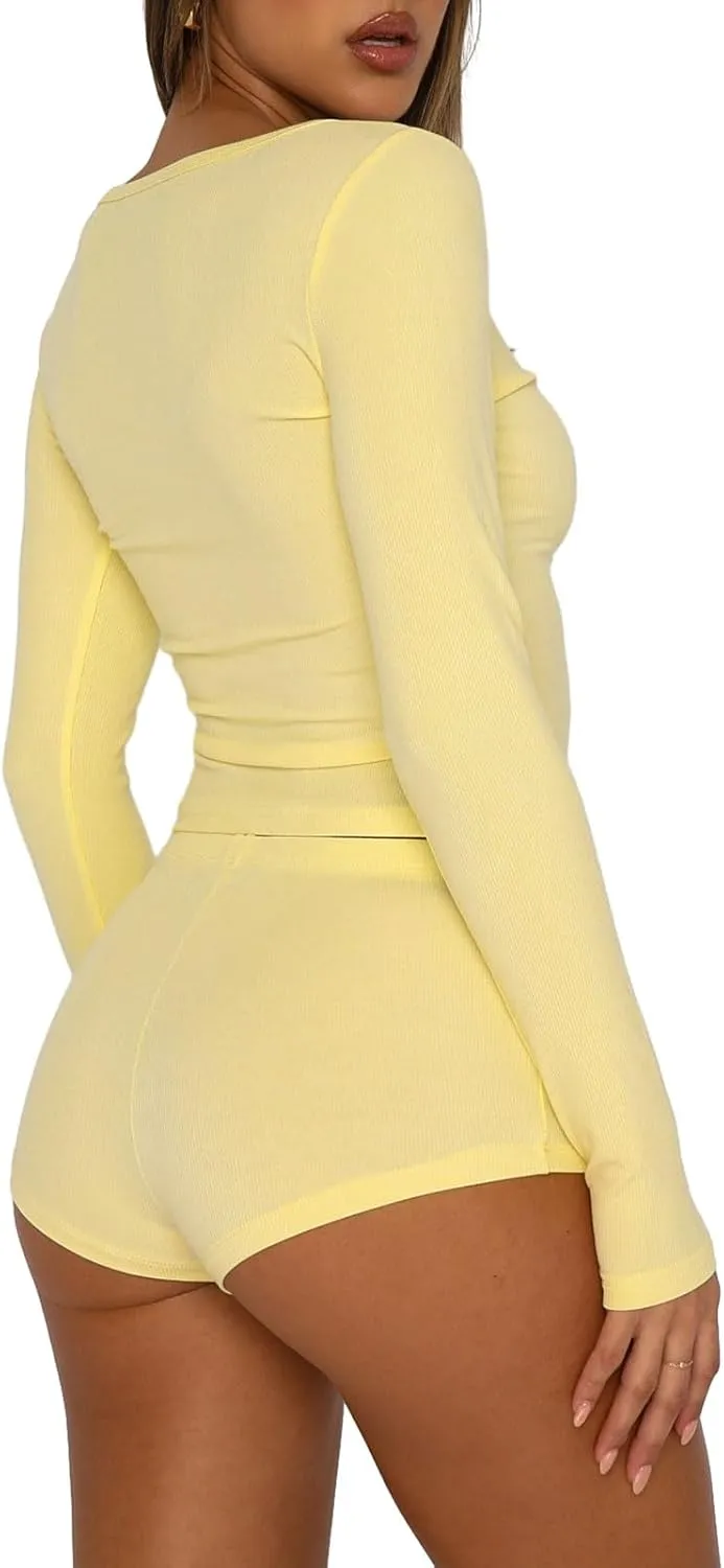 NUFIWI Women Knitted 2 Piece Outfits Pajamas Long Sleeve Slim Fit Shirt Top High Waist Shorts Y2k Lounge Sleepwear Set