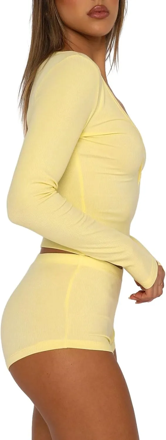NUFIWI Women Knitted 2 Piece Outfits Pajamas Long Sleeve Slim Fit Shirt Top High Waist Shorts Y2k Lounge Sleepwear Set