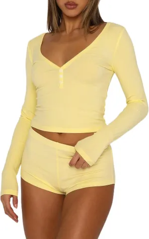 NUFIWI Women Knitted 2 Piece Outfits Pajamas Long Sleeve Slim Fit Shirt Top High Waist Shorts Y2k Lounge Sleepwear Set