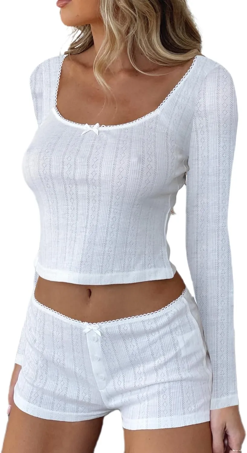 NUFIWI Women Knitted 2 Piece Outfits Pajamas Long Sleeve Slim Fit Shirt Top High Waist Shorts Y2k Lounge Sleepwear Set(Front Bow White 07,Small)
