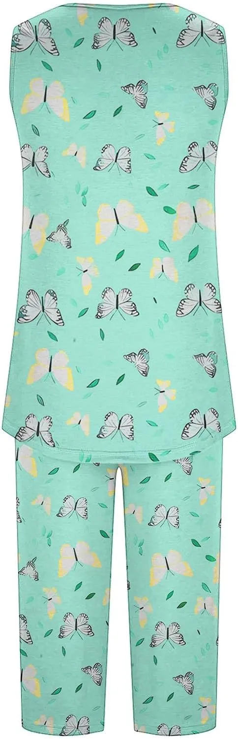 Pajama Sets for Women 2 Piece Summer Lounge Sets Floral Print Sleeveless Tank Tops & Capri Pants Soft Sleepwear
