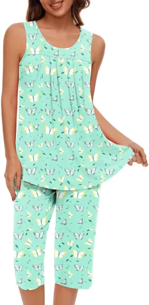 Pajama Sets for Women 2 Piece Summer Lounge Sets Floral Print Sleeveless Tank Tops & Capri Pants Soft Sleepwear