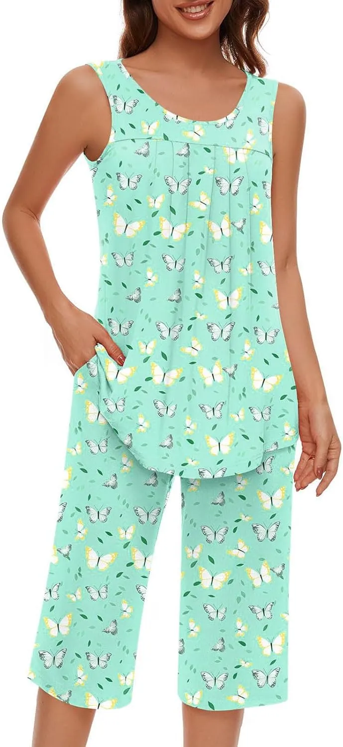 Pajama Sets for Women 2 Piece Summer Lounge Sets Floral Print Sleeveless Tank Tops & Capri Pants Soft Sleepwear
