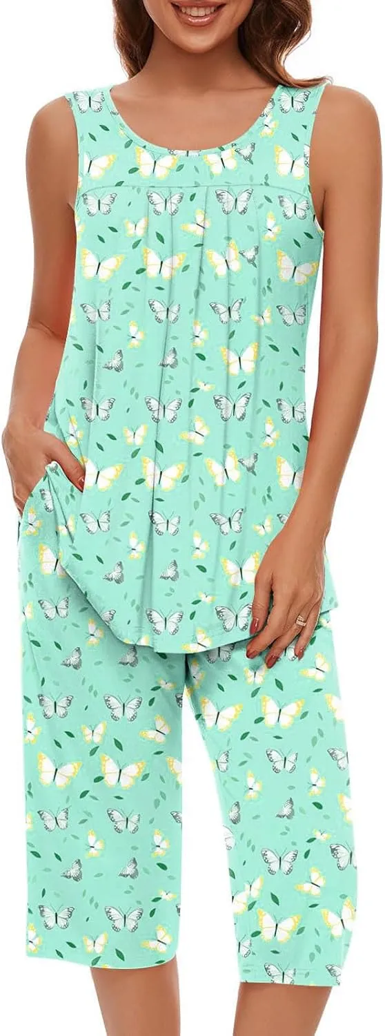 Pajama Sets for Women 2 Piece Summer Lounge Sets Floral Print Sleeveless Tank Tops & Capri Pants Soft Sleepwear
