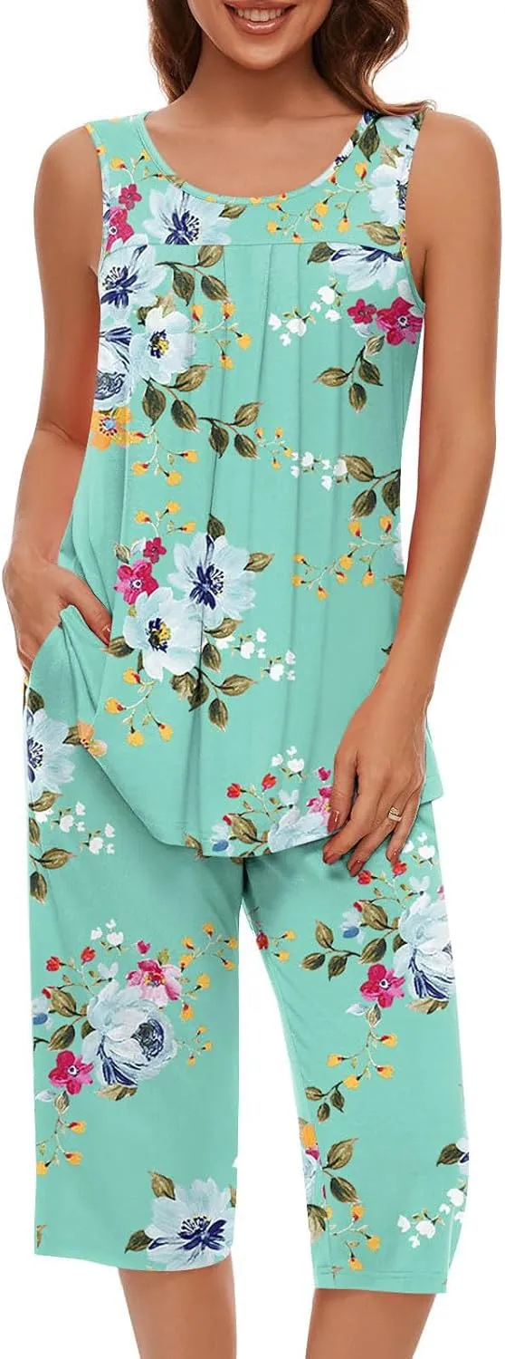 Pajama Sets for Women 2 Piece Summer Lounge Sets Floral Print Sleeveless Tank Tops & Capri Pants Soft Sleepwear