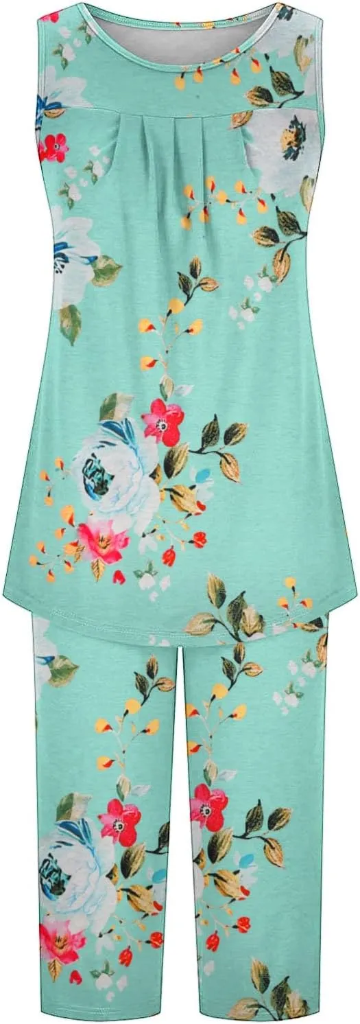 Pajama Sets for Women 2 Piece Summer Lounge Sets Floral Print Sleeveless Tank Tops & Capri Pants Soft Sleepwear