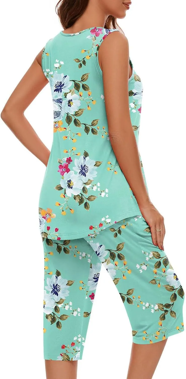 Pajama Sets for Women 2 Piece Summer Lounge Sets Floral Print Sleeveless Tank Tops & Capri Pants Soft Sleepwear