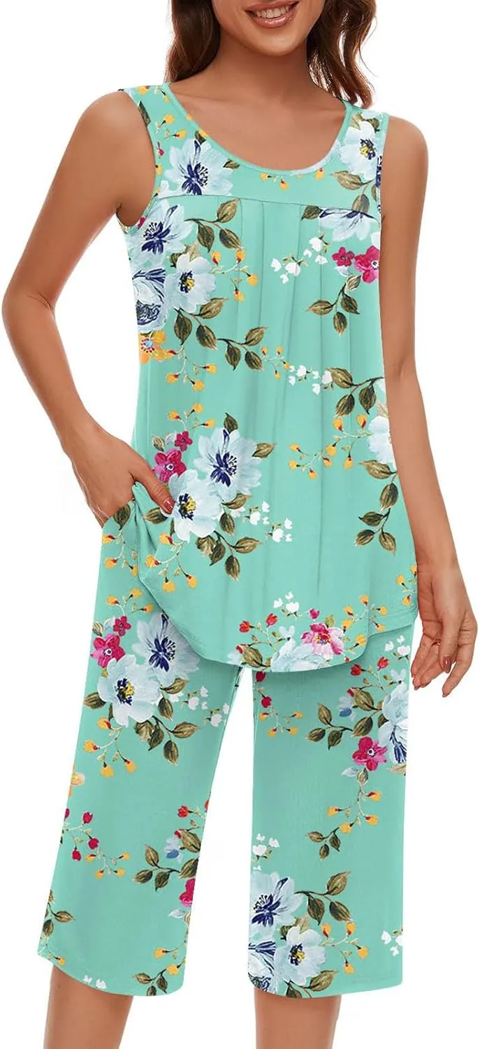 Pajama Sets for Women 2 Piece Summer Lounge Sets Floral Print Sleeveless Tank Tops & Capri Pants Soft Sleepwear