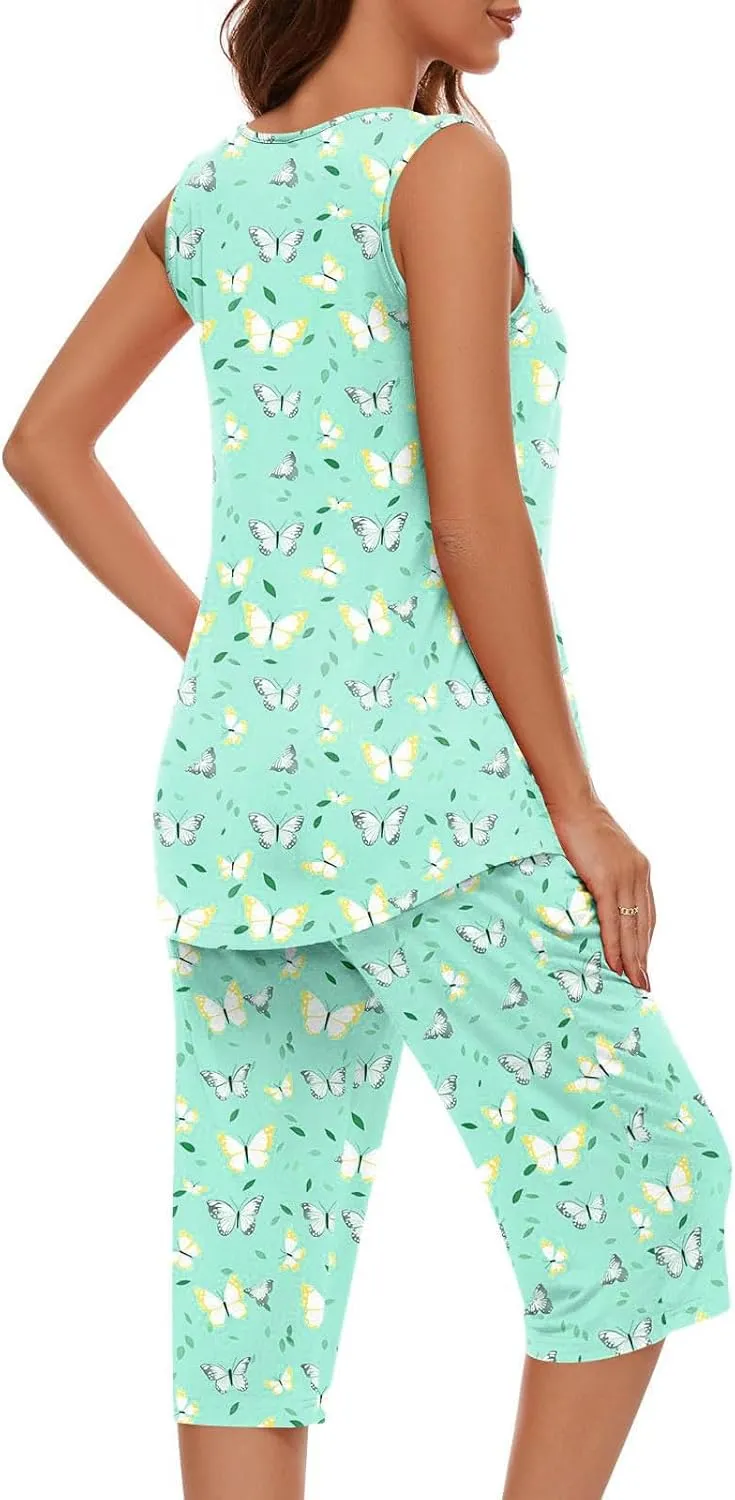 Pajama Sets for Women 2 Piece Summer Lounge Sets Floral Print Sleeveless Tank Tops & Capri Pants Soft Sleepwear