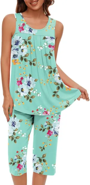 Pajama Sets for Women 2 Piece Summer Lounge Sets Floral Print Sleeveless Tank Tops & Capri Pants Soft Sleepwear