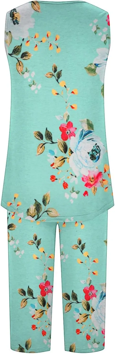 Pajama Sets for Women 2 Piece Summer Lounge Sets Floral Print Sleeveless Tank Tops & Capri Pants Soft Sleepwear