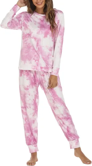 Pajamas for Women Tie Dye Long Sleeve Shirt Loungewear 2 Piece Sleepwear Crew Neck Tops & Long Pants Pj Set Nightwear