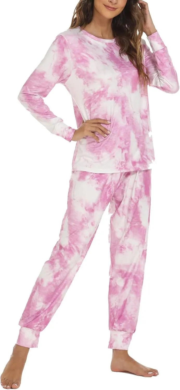 Pajamas for Women Tie Dye Long Sleeve Shirt Loungewear 2 Piece Sleepwear Crew Neck Tops & Long Pants Pj Set Nightwear